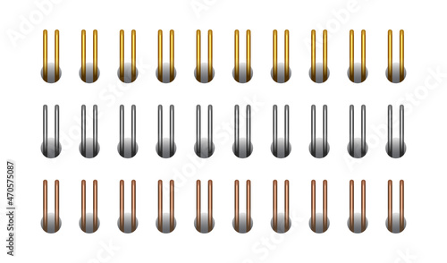 Gold, silver, copper and horizontal spiral for open notebook and calendar. Gold spiral wire bindings for sheets of paper. Set vector illustration isolated on realistic style on white background.