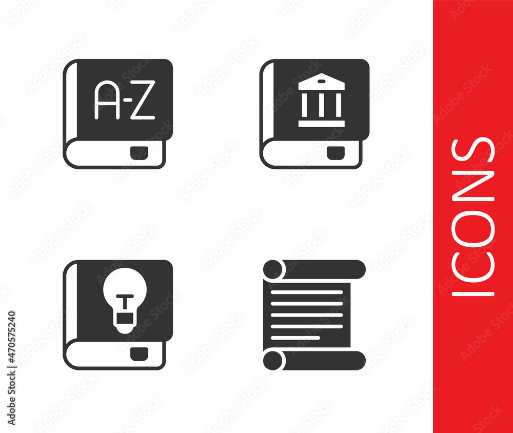 Set Decree, parchment, scroll, Translator book, User manual and Law icon. Vector Set Decree, parchment, scroll, Translator book, User manual and Law icon. Vector