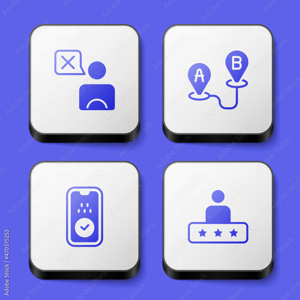 Set Taxi driver, Route location, mobile app and service rating icon. White square button. Vector Set Taxi driver, Route location, mobile app and service rating icon. White square button. Vector