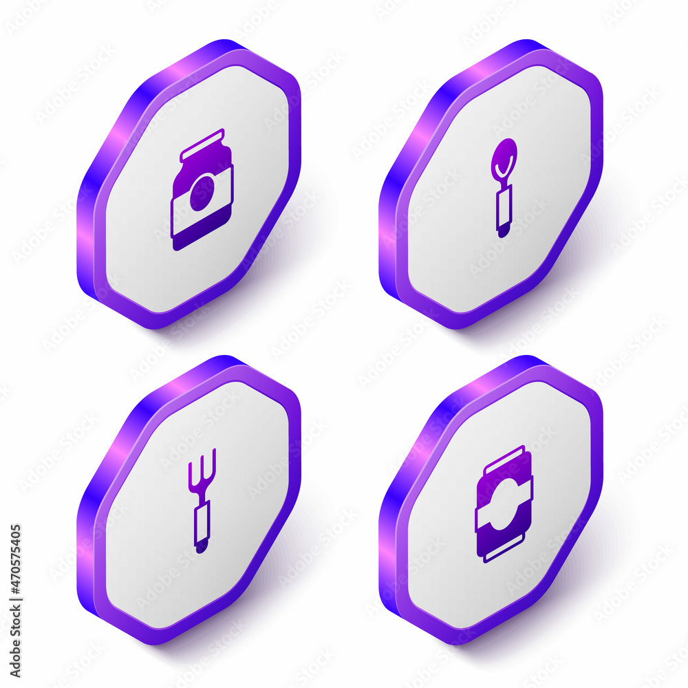 Set Isometric Jam jar, Spoon, Fork and Soda can icon. Purple hexagon button. Vector Set Isometric Jam jar, Spoon, Fork and Soda can icon. Purple hexagon button. Vector