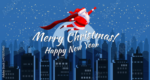 Santa Claus funny as Superhero wearing cape flying over the night modern city, buildings, skyscrapers giving out gift boxes. Merry Christmas poster background cartoon style illustration