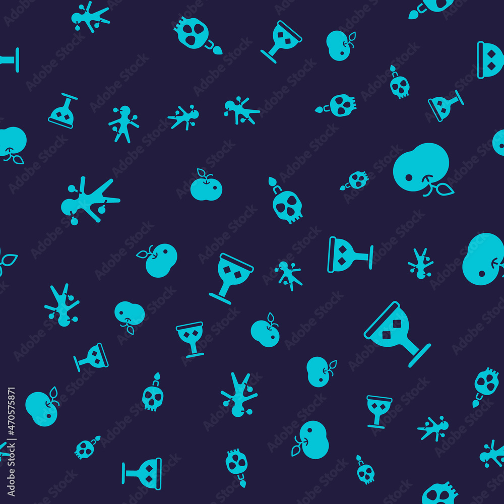 Set Voodoo doll, Poison apple, Burning candle skull and Medieval goblet on seamless pattern. Vector