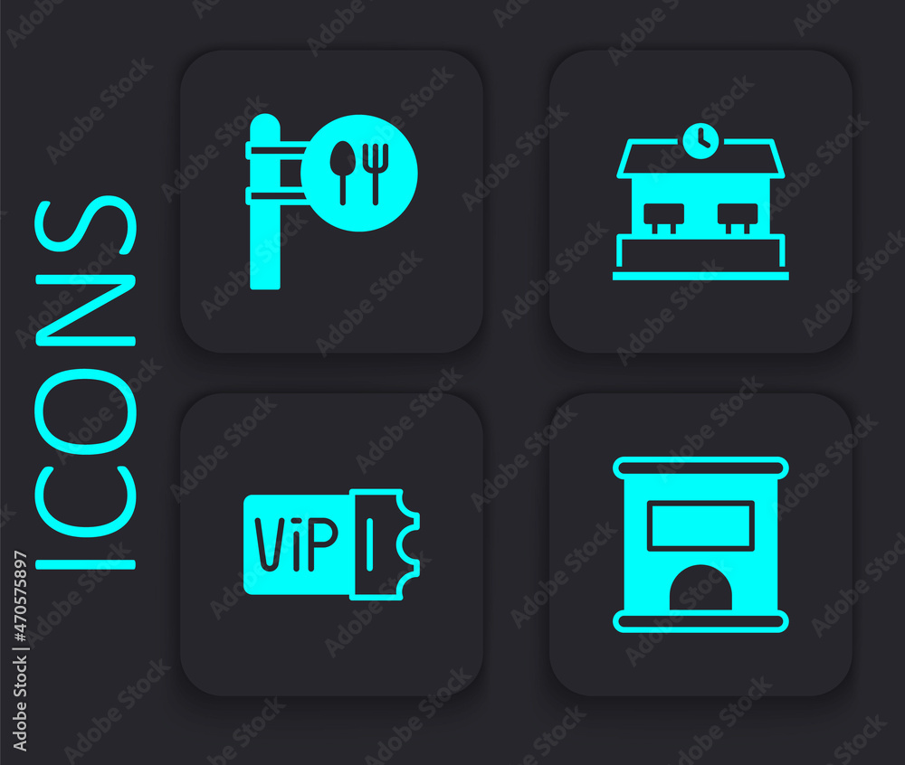 Set Ticket office to buy tickets, Cafe and restaurant location, Railway station and Train icon. Black square button. Vector Set Ticket office to buy tickets, Cafe and restaurant location, Railway station and Train icon. Black square button. Vector
