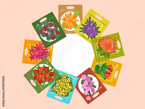 The illustration is in color. Bags of flower seeds in a circle with a place for the inscription. A bright postcard banner for your design. Vector.
