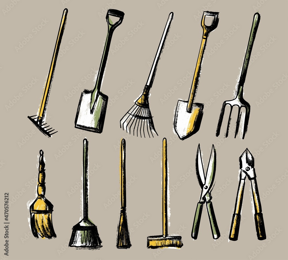 Naklejka premium A set of garden tools. Shovel rake pitchfork broom and scissors. Illustration in the style of a careless sketch. Vector on an isolated background.