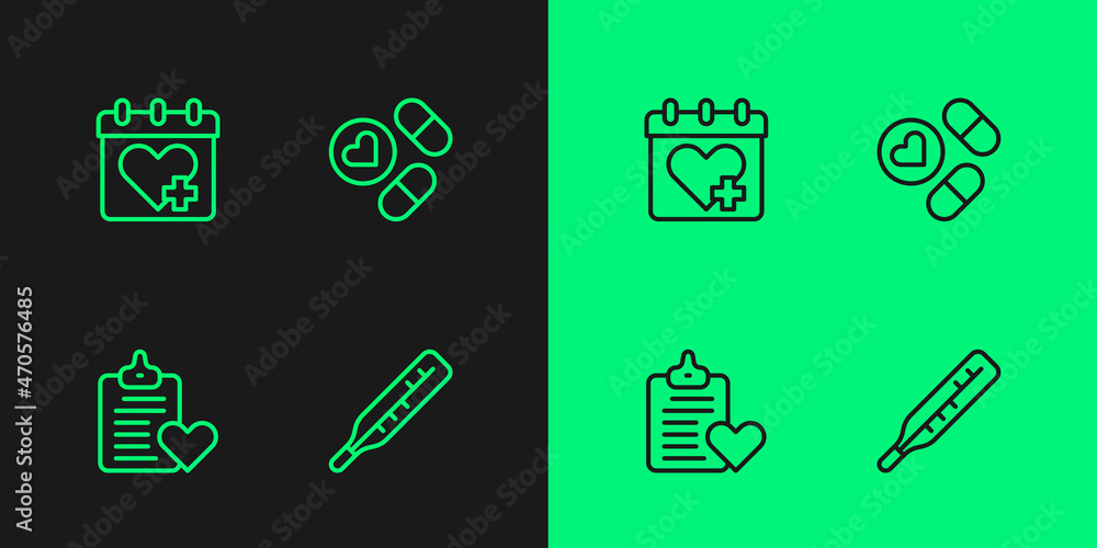 Set line Medical thermometer, Patient record, Doctor appointment and Medicine pill tablet icon. Vector Set line Medical thermometer, Patient record, Doctor appointment and Medicine pill tablet icon. Vector