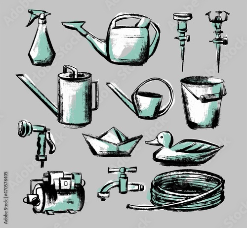 A set of illustrations for watering plants, watering can bucket sprayer hose. Illustration in the style of careless sketch and scrapbooking. Vector on an isolated background.