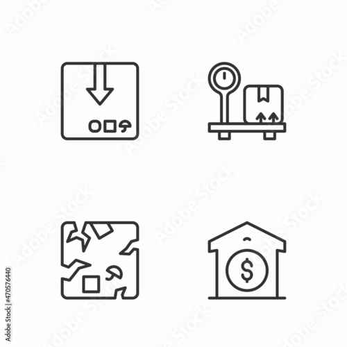 Set line Warehouse price, Broken cardboard box, Carton and Scale with icon. Vector