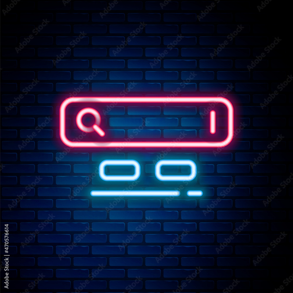 Glowing neon line Search engine icon isolated on brick wall background. Colorful outline concept. Vector Glowing neon line Search engine icon isolated on brick wall background. Colorful outline concept. Vector