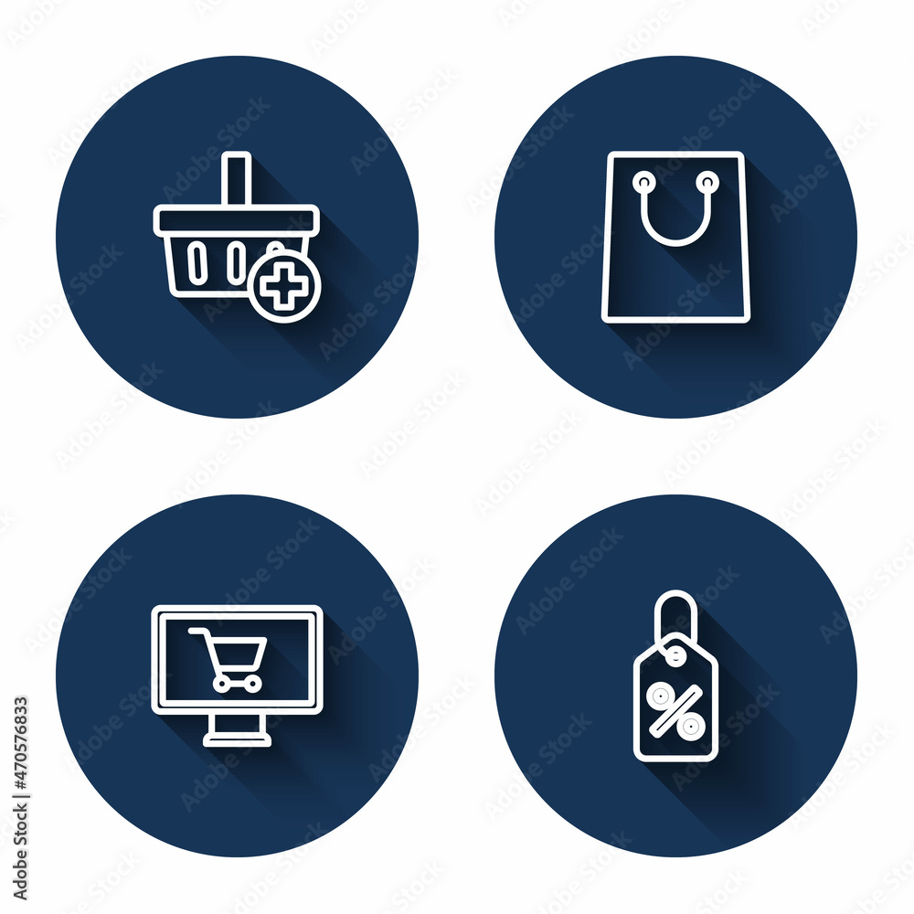 Set line Add to Shopping basket, Paper shopping bag, cart on monitor and Discount percent tag with long shadow. Blue circle button. Vector Set line Add to Shopping basket, Paper shopping bag, cart on monitor and Discount percent tag with long shadow. Blue circle button. Vector