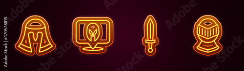 Set line Medieval helmet, sword and . Glowing neon icon. Vector