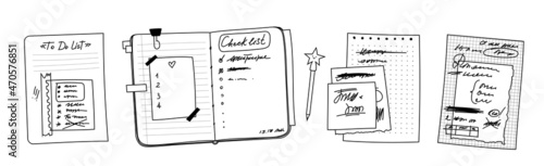 Drawn open notebook, doodle sheets with notes. Clip-in diary bookmarked pages, fun star pen. Sheets in a hole and in a box, covered with abstract text. Vector illustration isolated.