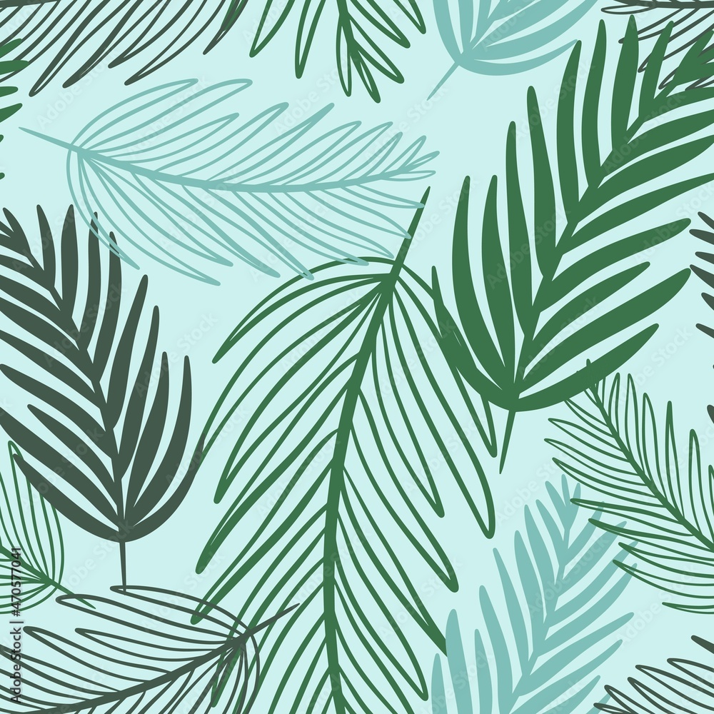 Palm tropical pattern, vector illustration. Green palm leaves seamless background. Deciduous exotic modern template for wallpaper, fabric, packaging.