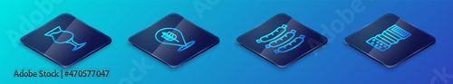 Set Isometric line Sausage, Glass of beer, Accordion and Wheat icon. Vector