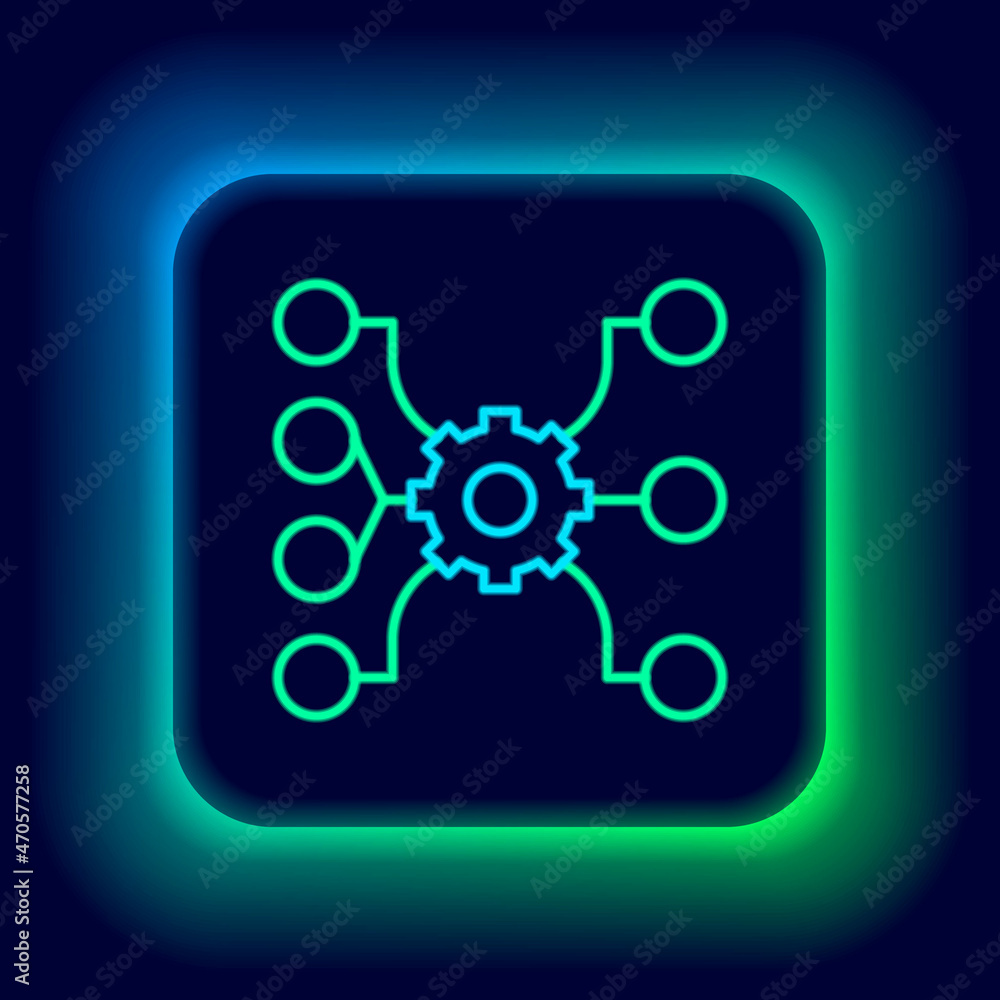 Glowing neon line Neural network icon isolated on black background. Artificial intelligence AI. Colorful outline concept. Vector