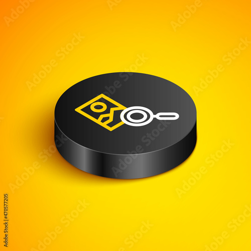 Isometric line Photo retouching icon isolated on yellow background. Photographer, photography, retouch icon. Black circle button. Vector