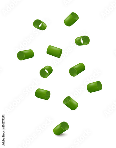 Falling down chopped green onions. Isolated on white background. Realistic vector illustration.
