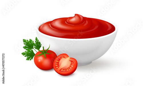 Ketchup in a white bowl, two cherry tomatoes with parsley leaves isolated on white background. Realistic vector illustration. Side view.