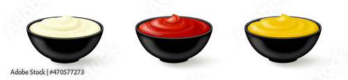 Three black bowls of mayonnaise, tomato ketchup and mustard sauces isolated on white background. Realistic vector illustration. Side view.