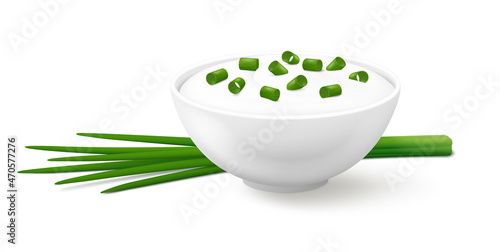 White bowl of sour cream with chopped green onions and lying down bunch of fresh chives. Isolated on white background. Side view. Realistic vector illustration.