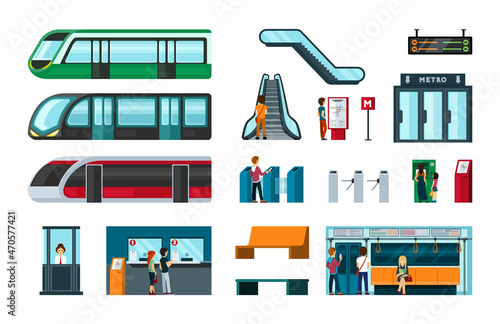 Subway travel template set. Escalators and digital billboards with route schedules male and female characters pass through turnstile and wait for train to arrive buy tickets. Vector cartoon drawing.