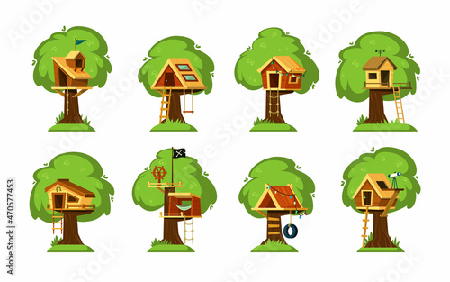 Various tree houses set. Childrens playgrounds imitating ship and observatory wooden play hut with roof on branches old oak trees colorful rope ladder for climbing and small balcony. Vector cartoon