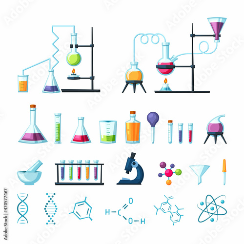 Chemical laboratory equipment set. Microbiology tubes with colored reagents and apparatus for distilling pipette mortar for grinding accurately dosing in research. Vector cartoon scientific.