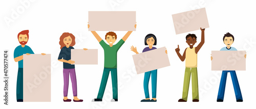 Young multinational people with blank posters banners. Smile male and female characters happily holding bulletin boards and advertisements modern marketing style. Vector cartoon protest.