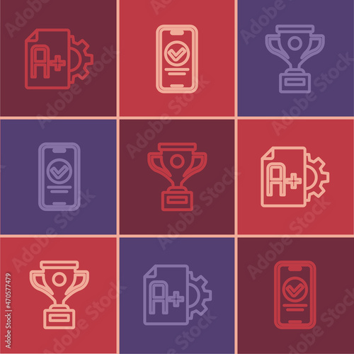 Set line Exam sheet with A plus grade, Award cup and Online quiz, test, survey icon. Vector
