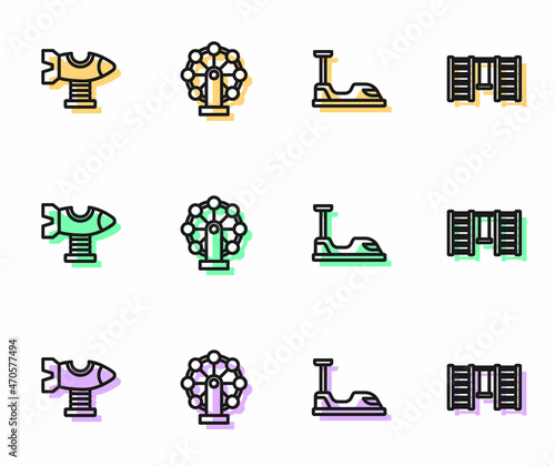 Set line Bumper car, Swing plane, Ferris wheel and Swedish wall icon. Vector