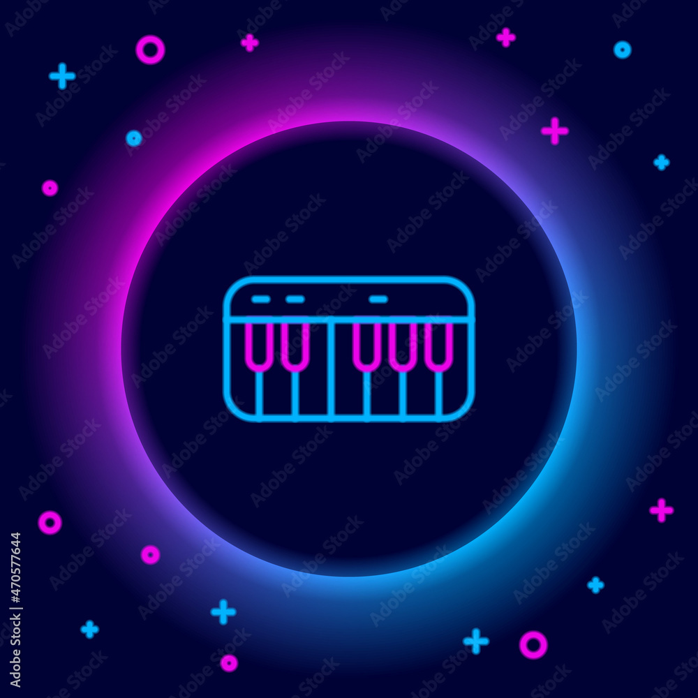 Glowing neon line Music synthesizer icon isolated on black background. Electronic piano. Colorful outline concept. Vector Glowing neon line Music synthesizer icon isolated on black background. Electronic piano. Colorful outline concept. Vector