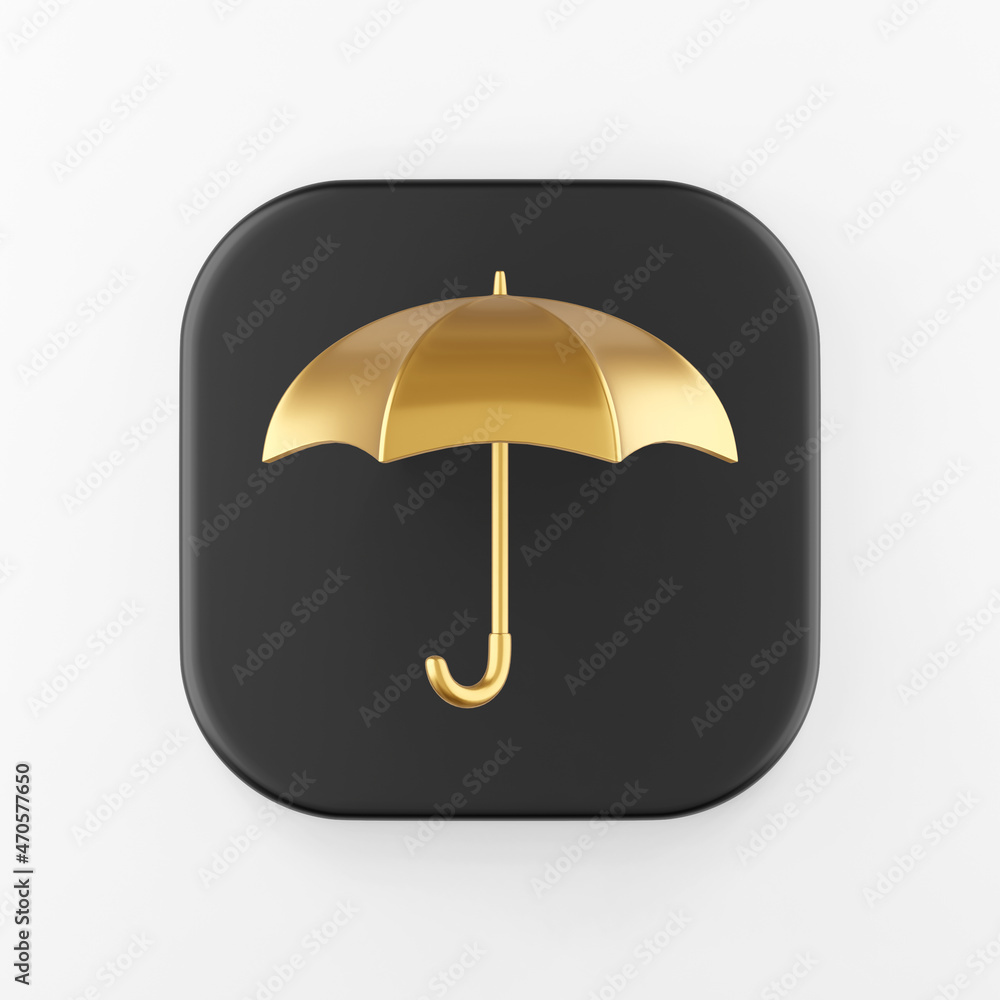 Golden umbrella icon. 3d rendering black square key button, interface ui ux element.