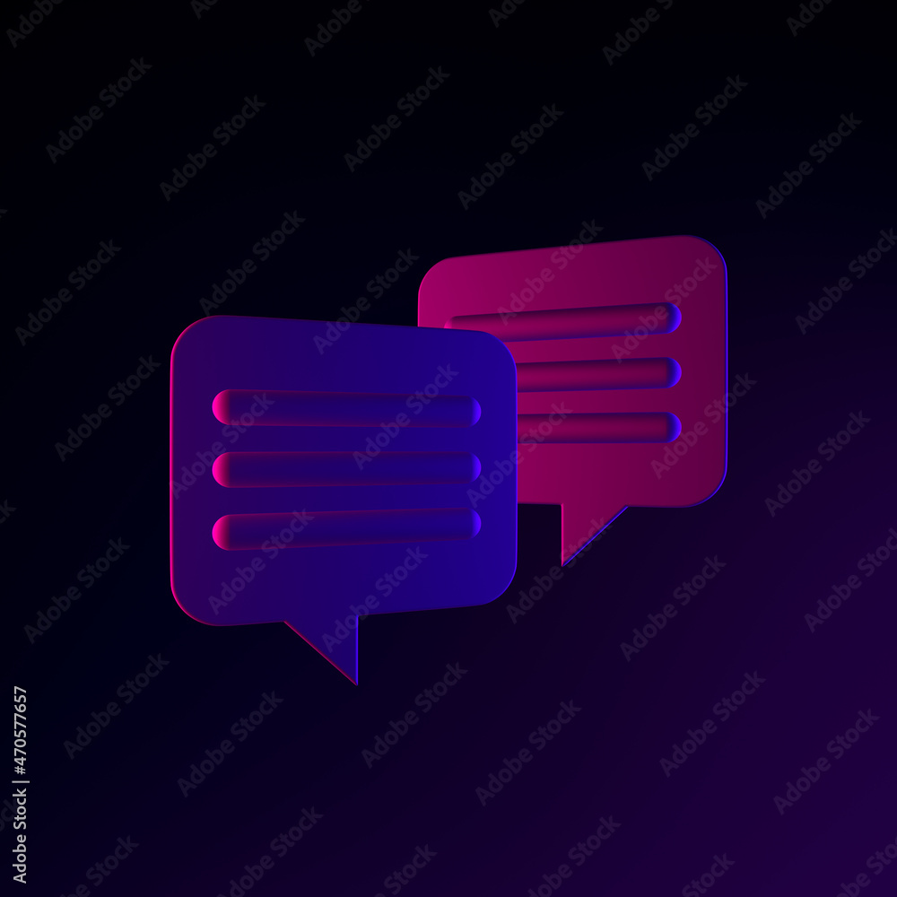 Neon square speech bubbles icon. 3d rendering ui ux interface element. Dark glowing symbol.