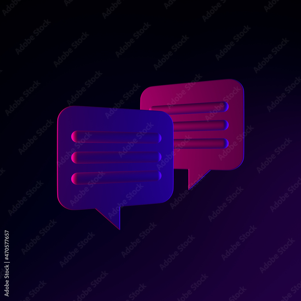 Neon square speech bubbles icon. 3d rendering ui ux interface element. Dark glowing symbol. Neon square speech bubbles icon. 3d rendering ui ux interface element. Dark glowing symbol.
