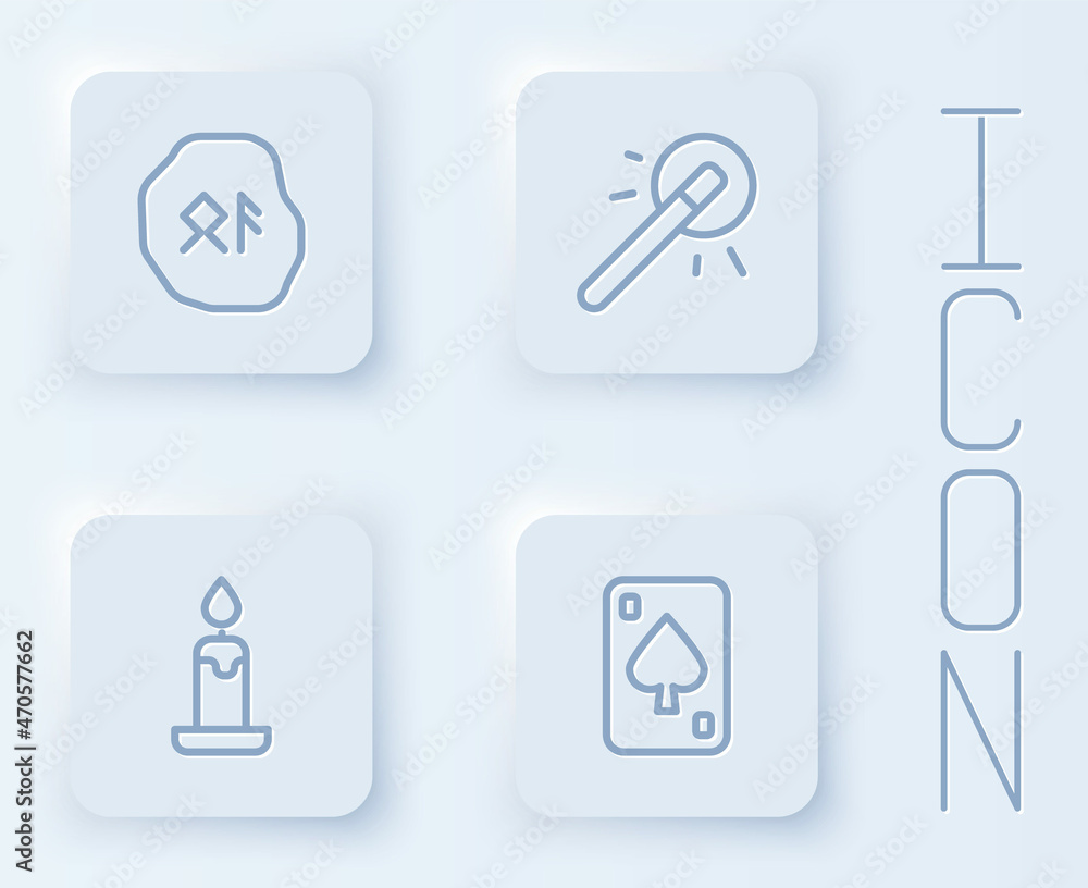 Set line Magic runes, wand, Burning candle and Playing cards. White square button. Vector Set line Magic runes, wand, Burning candle and Playing cards. White square button. Vector