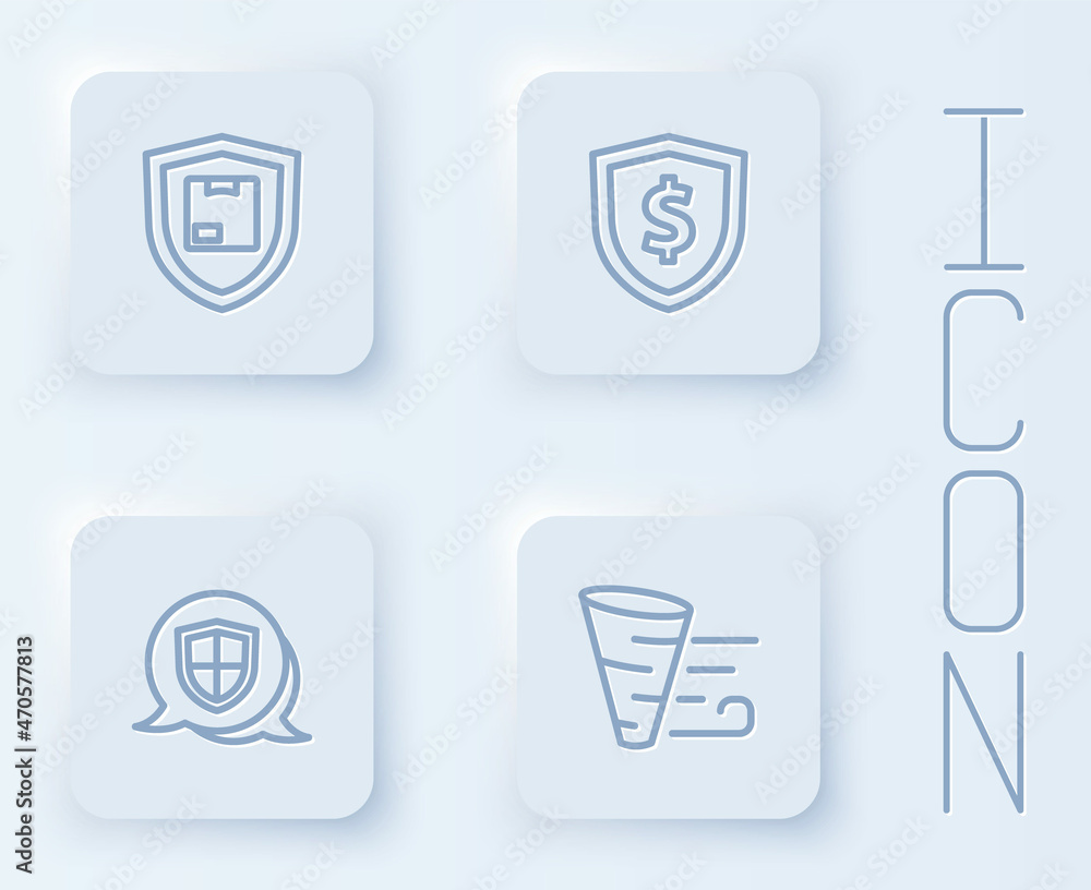 Set line Delivery security with shield, Shield dollar, and Tornado. White square button. Vector Set line Delivery security with shield, Shield dollar, and Tornado. White square button. Vector