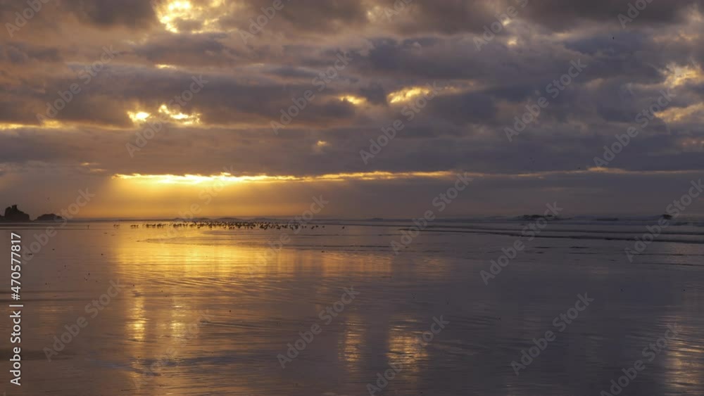 Beautiful serene beach scenery at sunset with a cloudy sky, reflections, seagulls, and incoming waves in Essaouira, Morocco. Beauty in nature background footage. Slow-motion. Beautiful serene beach scenery at sunset with a cloudy sky, reflections, seagulls, and incoming waves in Essaouira, Morocco. Beauty in nature background footage. Slow-motion.