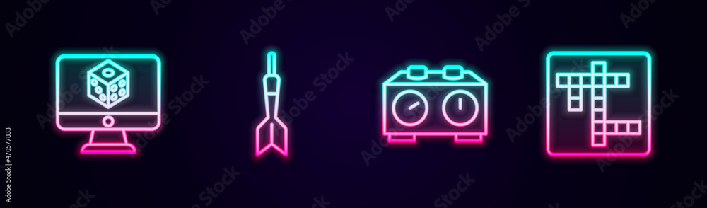 Set line Game dice, Dart arrow, Time chess clock and Crossword. Glowing neon icon. Vector