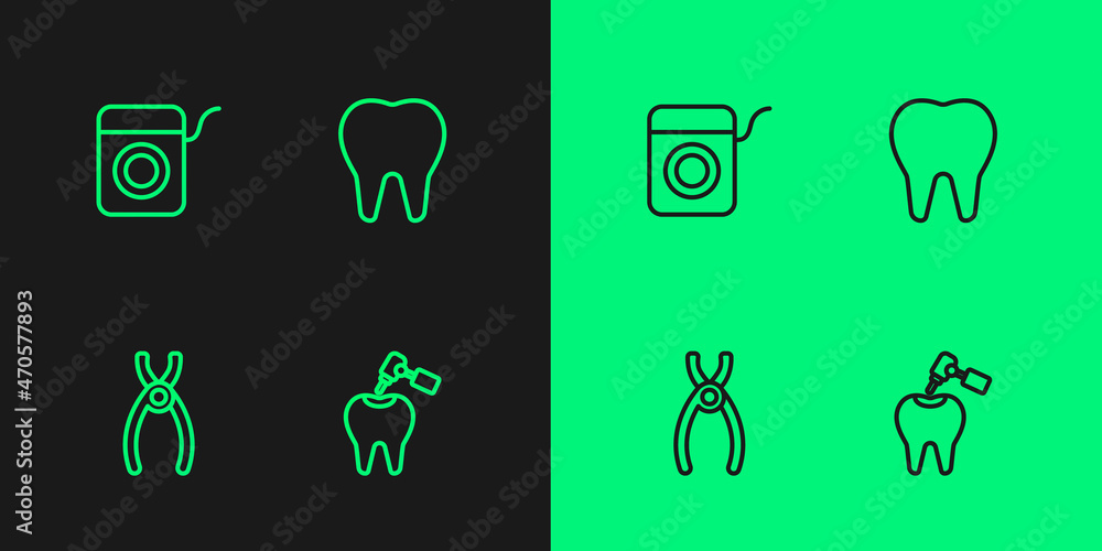 Set line Tooth with caries and drill, Dental pliers, floss and icon. Vector Set line Tooth with caries and drill, Dental pliers, floss and icon. Vector