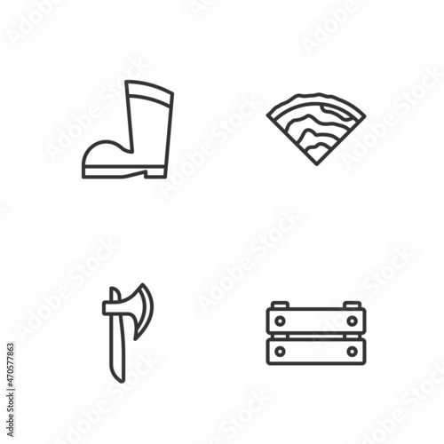 Set line Wooden box, axe, Waterproof rubber boot and beam icon. Vector