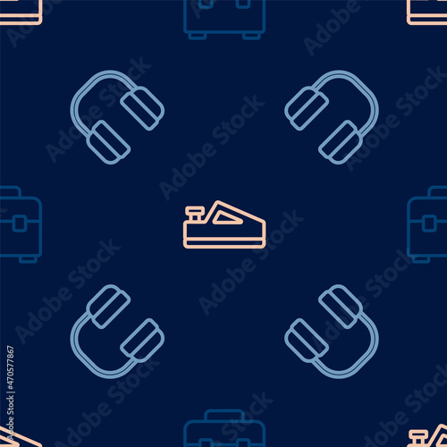 Set line Toolbox, Headphones and Wood plane tool on seamless pattern. Vector