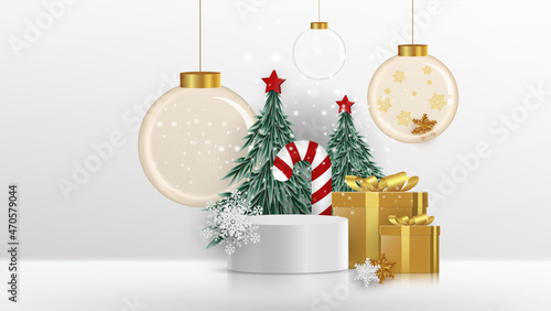 Geometric 3d podium of Christmas object background, Vector illustration.