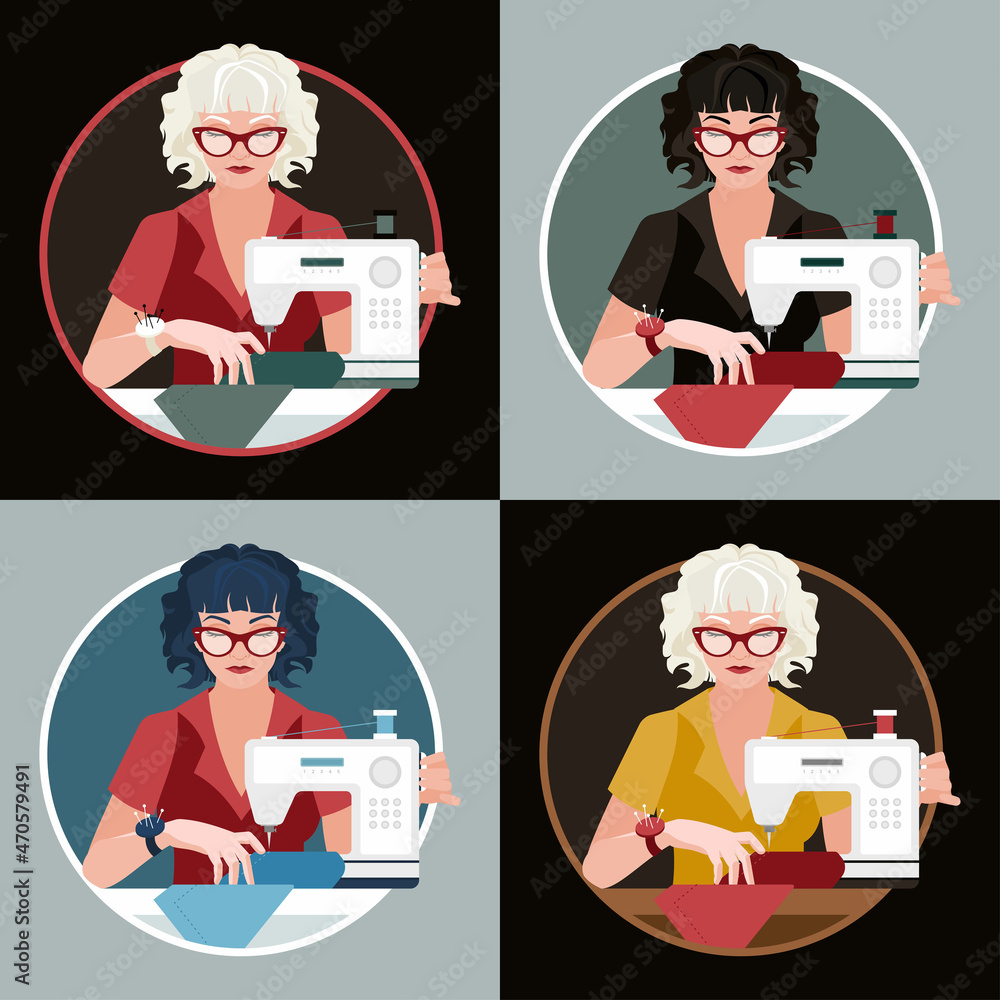 Tailor logo. A young girl with glasses sews on a sewing machine. Variants of different colors. Illustration for the site, business card and stickers.