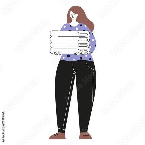 Woman with a stack of clean linen. Vector illustration in cartoon style. Isolated on a white background.