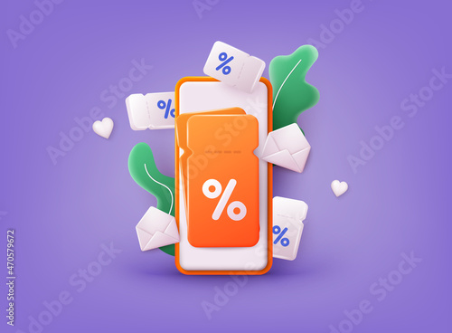 Phone with discount. Store special offers advertisement. Markdown program, loyalty program, promotional mix metaphors. 3D Web Vector Illustrations.