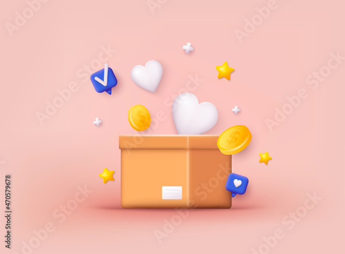 Donation Box with golden coin, money. Donation and charity concept. 3D Web Vector Illustrations.