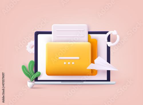 Yellow folder with files. File transfer concept. Yellow folder with document on computer monitor. 3D Vector Illustrations. photo
