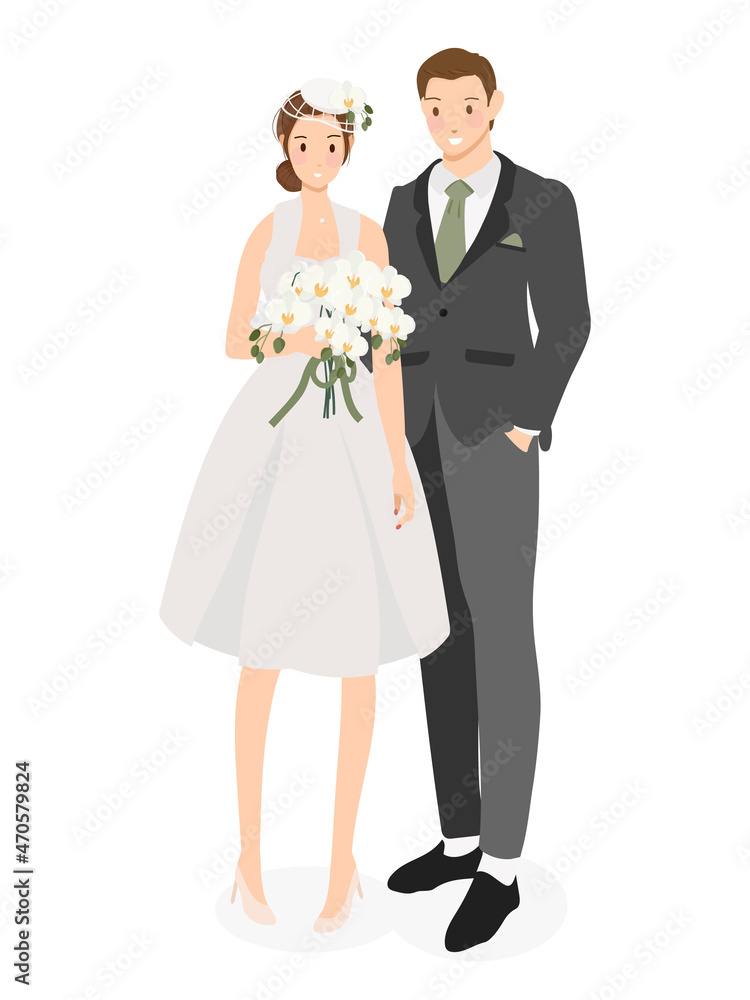 cute cartoon young wedding couple with Phalaenopsis orchid bouquet flat style