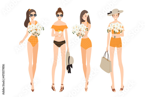 pretty young stylish women wear summer orange swimsuit flat style collection isolated on white background