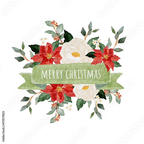 watercolor christmas flower bouquet wreath with ribbon banner for text